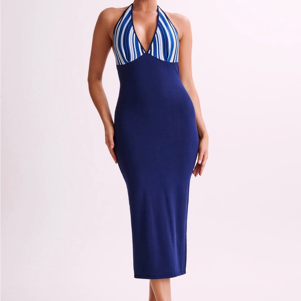 Stripe Knit Halter Midi Dress - Powder Blue